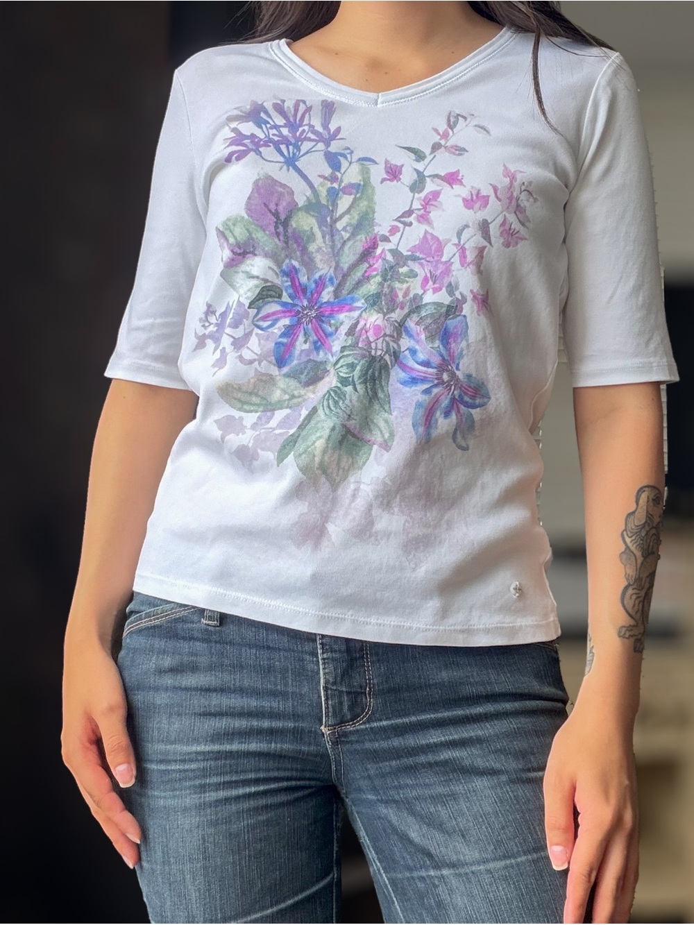 Graphic Print  Y2K White and Purple Floral Watercolor Half Sleeve Blouse